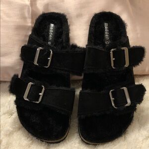 Madden Girl Black Fuzzy Slide Sandals